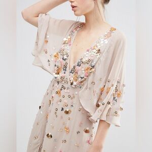 ASOS Pretty Embellished Deep Plunge Kimono Maxi Dress - Mink / US 4